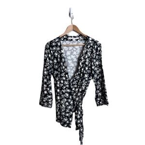 Diane Von Furstenberg 14 New Jill Wrap Top Animal Print Black White Womens